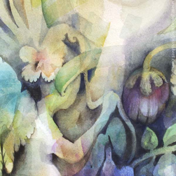 A detail of a watercolor painting called "Ujokki / Shyeling" by Paivi Eerola of Peony and Parakeet.