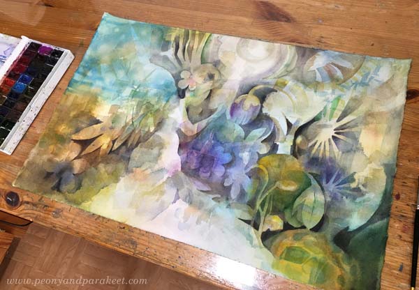 A watercolor painting in progress. By Paivi Eerola, a Finnish watercolor artist. See the blog post to see this one finished!