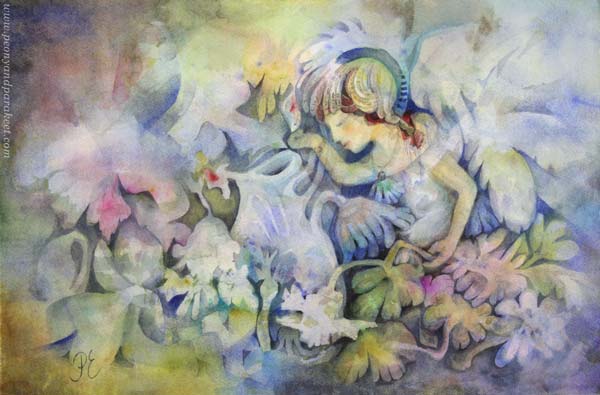 "Mirimer" - a watercolor painting by Paivi Eerola of Peony and Parakeet. See her blog post about moving from portraits to stories in visual expression.