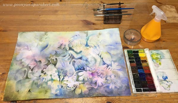 Watercolor painting in progress. By Paivi Eerola of Peony and Parakeet.