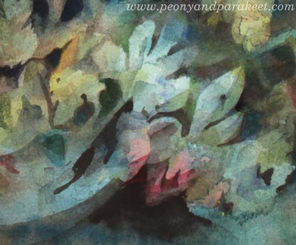 A detail of Icebreaker, a watercolor painting by Paivi Eerola of Peony and Parakeet.