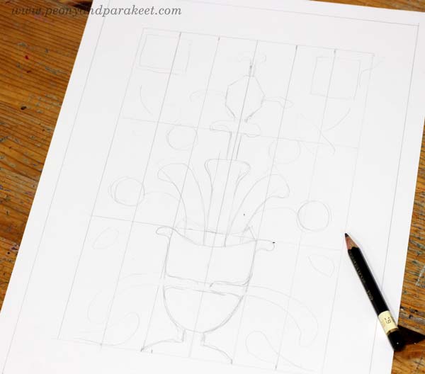 Making a symmetrical drawing with the help of a grid. By Paivi Eerola of Peony and Parakeet.