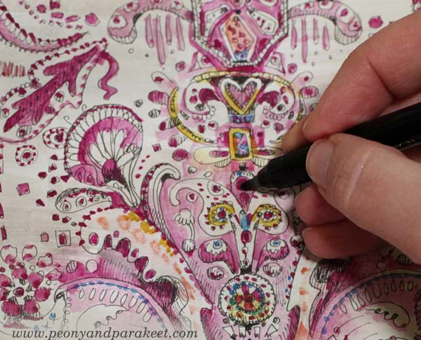 Coloring the doodles with watercolors. Doodler's sampler by Paivi Eerola of Peony and Parakeet.