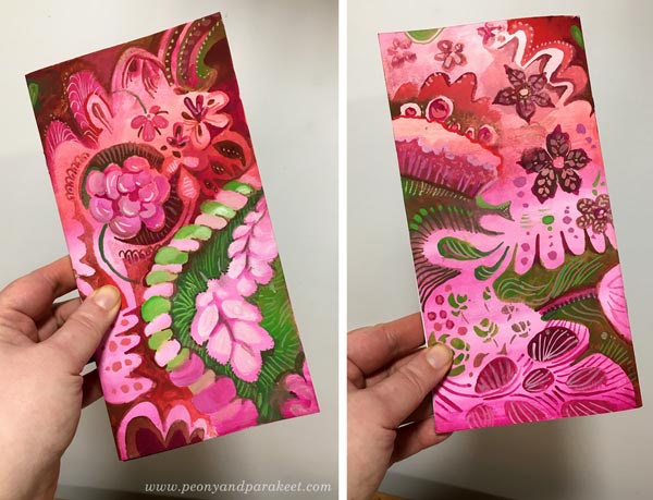 Hand-painted traveler's notebook journal covers in a decorative art style. By Paivi Eerola of Peony and Parakeet.