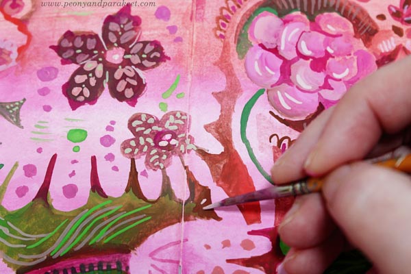 Painting details in a decorative art style. By Paivi Eerola of Peony and parakeet.