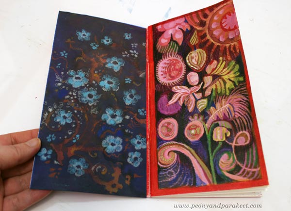 Traveler's notebook art journal spread by Paivi Eerola of Peony and Parakeet. Creating in a decorative art style.