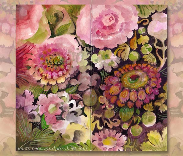 Floral notebook page spread by Paivi Eerola of Peony and Parakeet.