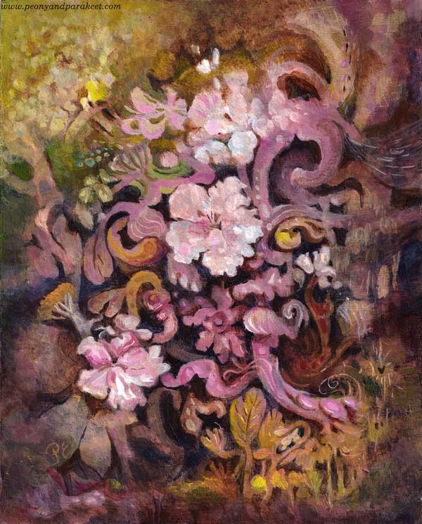 Dulciana, an acrylic painting by paivi Eerola of Peony and Parakeet. Inspired by flowering trees.