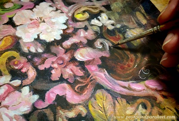 Acrylic painting in progress. Focusing on swirls and ruffles inspired by flowering trees. By Paivi Eerola of Peony and Parakeet.