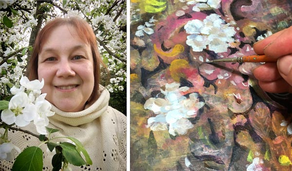 Artist Paivi Eerola and painting apple blossoms.