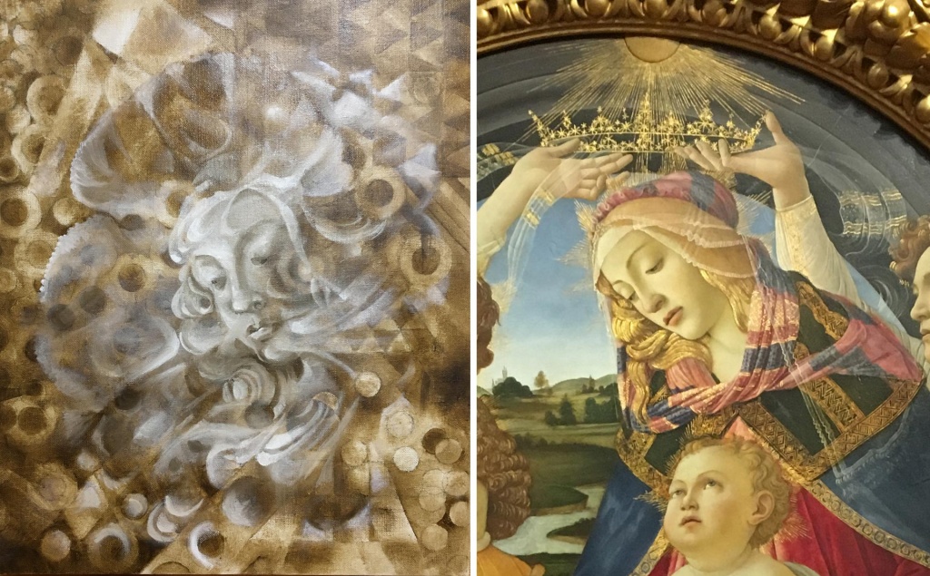 Using a reference. "Heaven and Earth" in an underpainting stage by Paivi Eerola and "Madonna of the Magnificat" by Sandro Botticelli. Read about Paivi's thoughts on painting imaginary people with or without a reference.