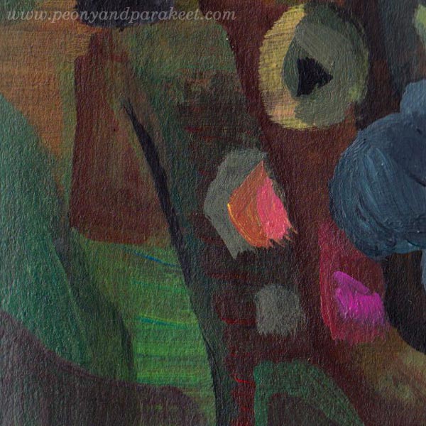 A detail of "Pinkpolka" - an abstract painting by Paivi Eerola of Peony and Parakeet.