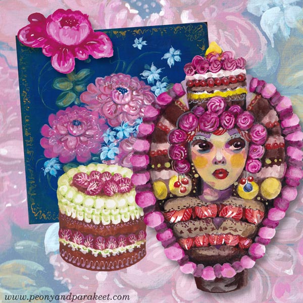 Art for the class Decodashery. Paint flowers, lace, cakes, and omaginary people called Decodollies! By Paivi Eerola of Peony and Parakeet.