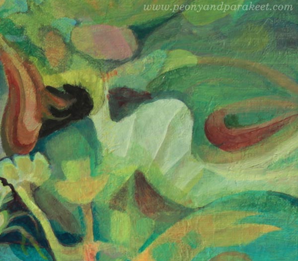 A detail of "Paradise", an acrylic painting by Paivi Eerola of Peony and Parakeet.