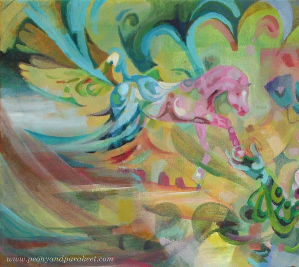 A detail of "Arotuuli / Steppe Wind", an acrylic painting by Paivi Eerola of Peony and Parakeet. This painting has three horses.