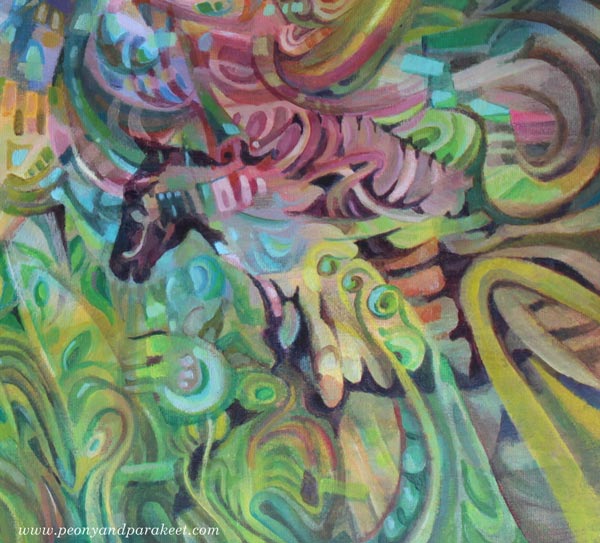 A detail of "Arotuuli / Steppe Wind", an acrylic painting by Paivi Eerola of Peony and Parakeet.