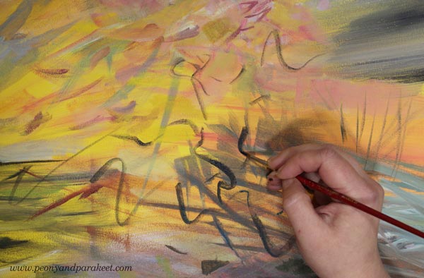 Painting a half-abstract landscape inspired by a poem. By Paivi Eerola of Peony and Parakeet.