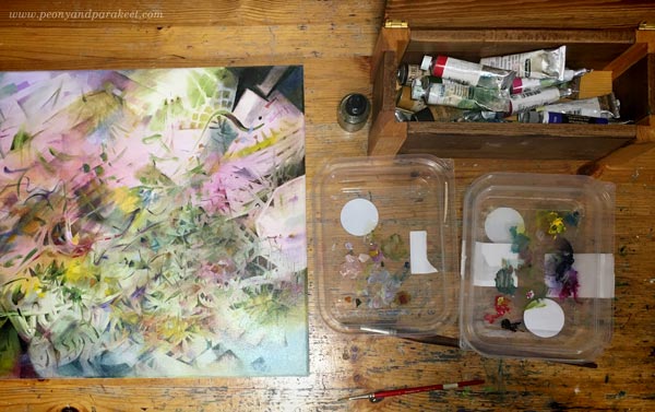 Oil painting in progress. Paints and palettes. By Paivi Eerola of Peony and Parakeet.