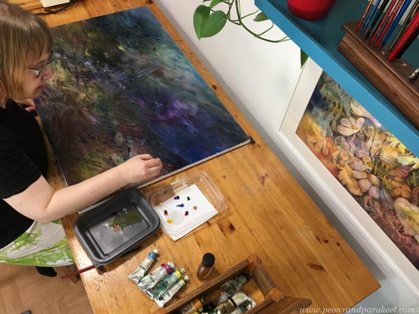 Paivi Eerola in her studio. A mystical painting in progress.