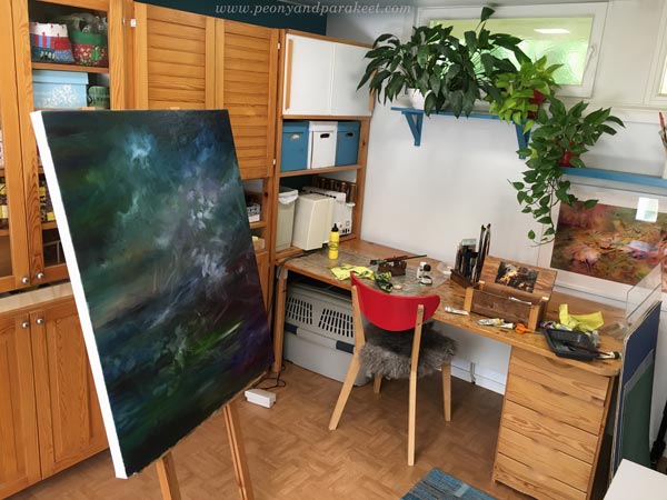 Creating adventurous art. Starting a painting - studio view.