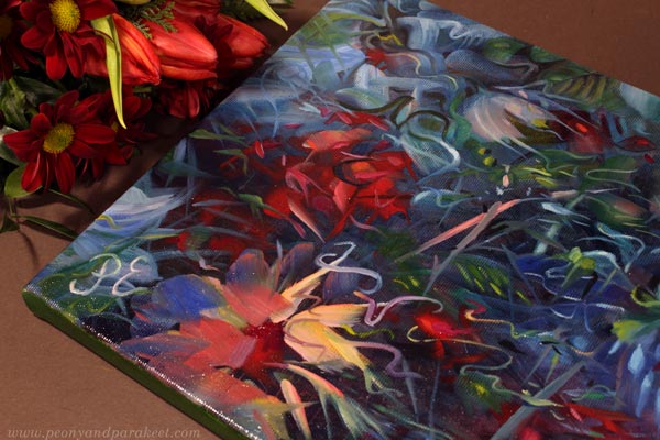 A floral abstract oil painting by Paivi Eerola, Finland.