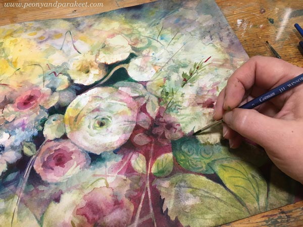 Painting in progress. Flowers in watercolor without references.