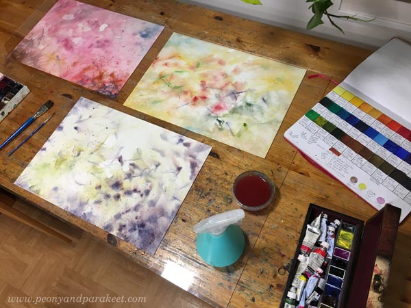 Starting new watercolor paintings. Intuitive starts - several at the same time.