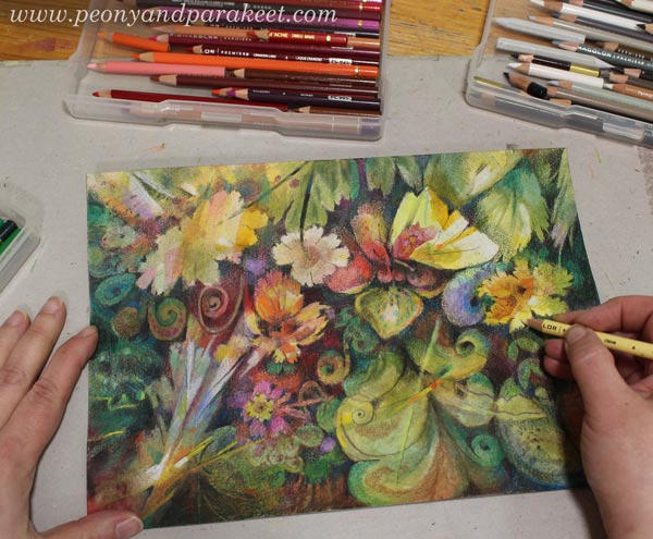 Turning the piece upside down to analyze the composition. Creating freely with colored pencils and adding more depth step by step.