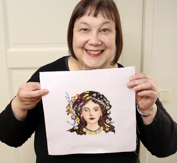 Paivi Eerola and her cross stitch pattern Primavera.