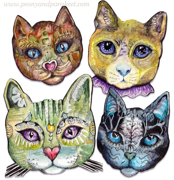 Magical Cats, hand-drawn by Paivi Eerola, for the online art course Magical Inkdom.