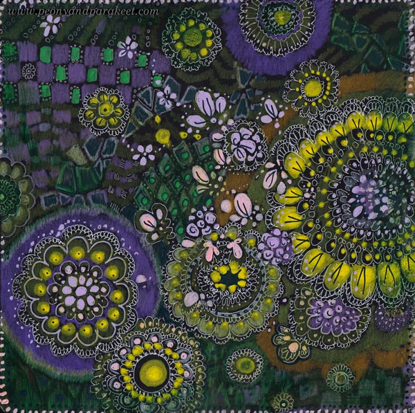 Wild doodling on a black art journal page. Using yellow, purple, and green for a limited palette.