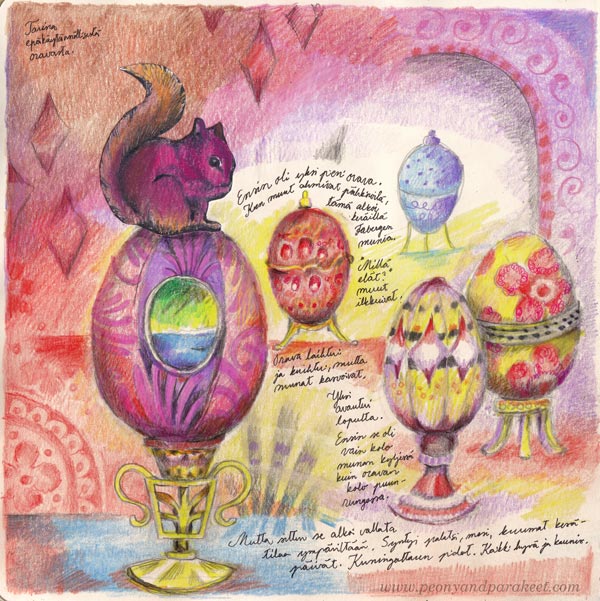 A hand-drawn art journal page by Paivi Eerola of Peony and Parakeet.