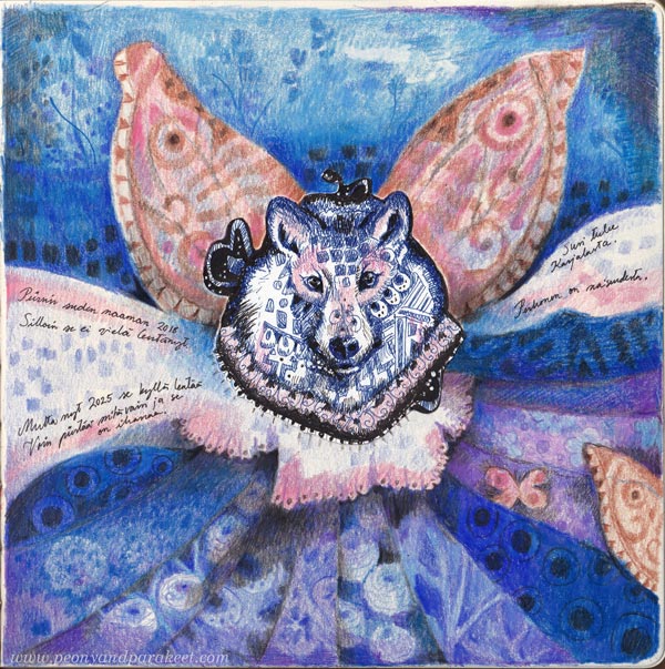 A hand-drawn art journal page by Paivi Eerola of Peony and Parakeet. Wolf was drawn first and used as a picture prompt for the rest of the page.