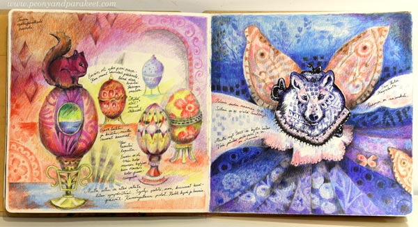 Hand-drawn art journal pages using picture prompts.