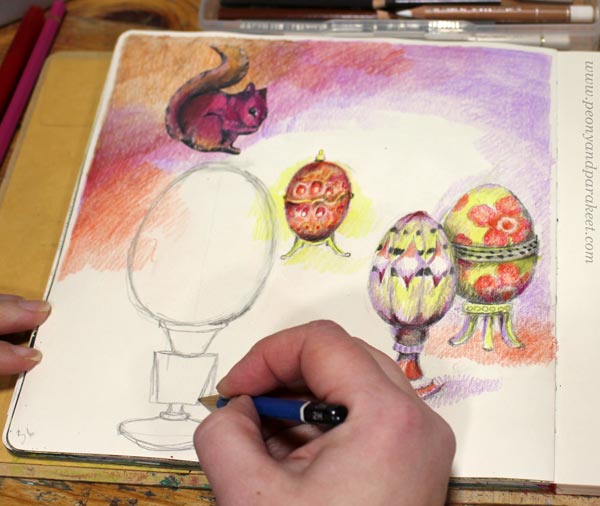 Drawing decorative eggs on an art journal page. Art journal ideas.