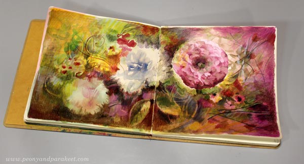 Flower art journal spread by Paivi Eerola of Peony and Parakeet