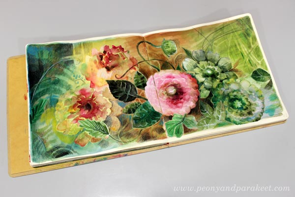 Watercolor flower collage in Dylusions Creative Journal Square. Art journaling ideas.