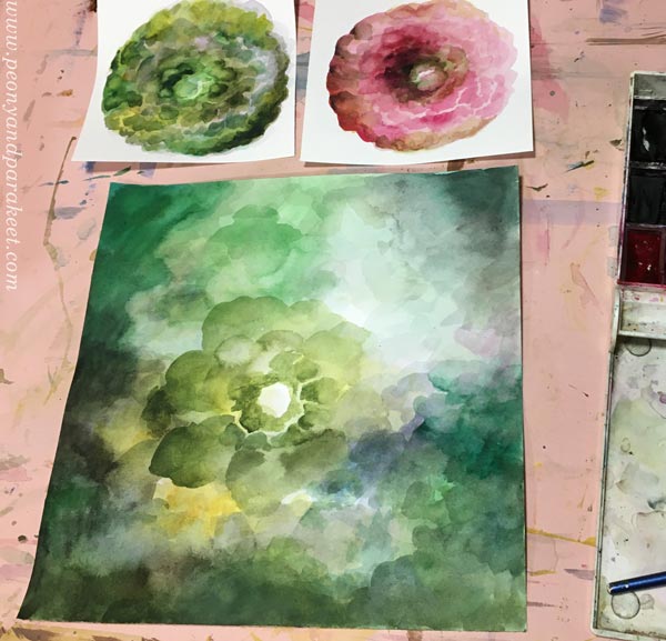 Painting watercolor flower collage pieces.