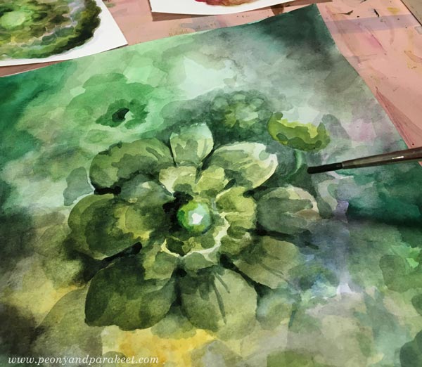 Painting a watercolor flower intuitively.