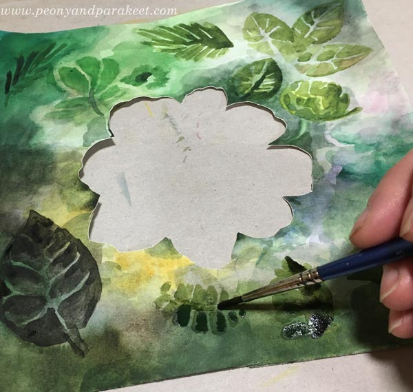 Painting leaves for watercolor flower collage.