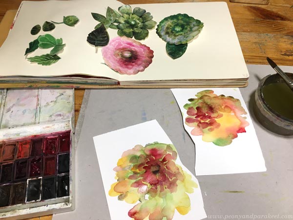 Watercolor flower collage in progress.