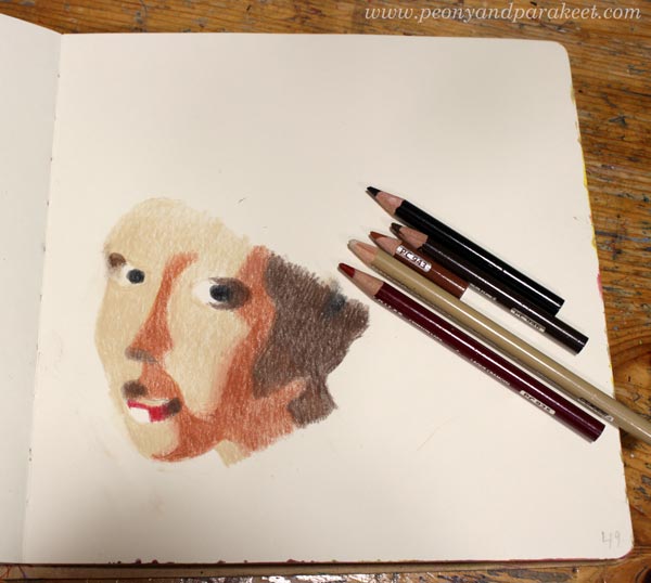 Starting a Vermeer girl in colored pencils. Following a shape-by-shape formula made by Paivi Eerola of Peony and Parakeet.