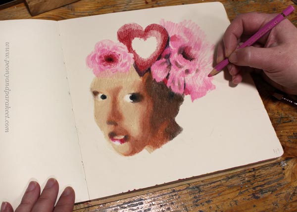 Making a modern Vermeer girl. Drawing flowers and hearts in colored pencils.