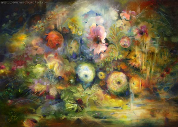 A flower painting by Paivi Eerola, Finland. Aistien Sinfonia - Symphony of Senses, 50 x 70 cm, oil on canvas.