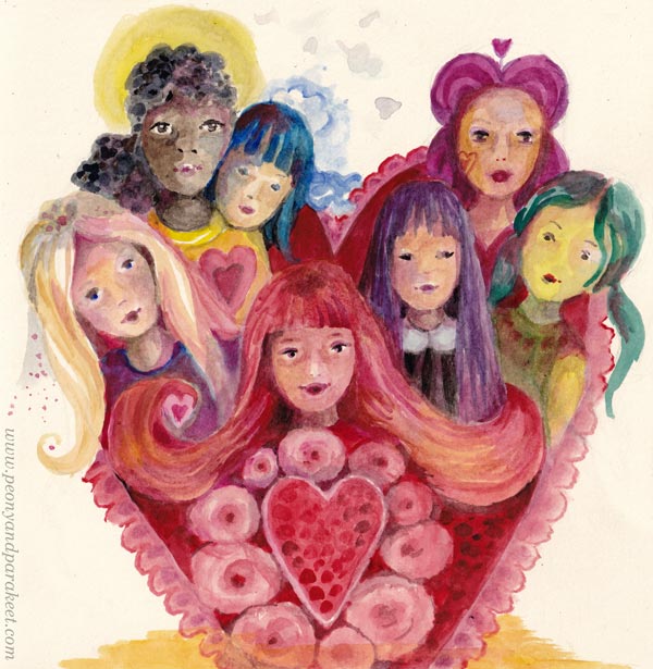 Runotyttö ja sydänystävät - Poetry Girl and Bosom Friends - a watercolor illustration by Paivi Eerola. Get out of your creative rut, and start drawing for your inner child!